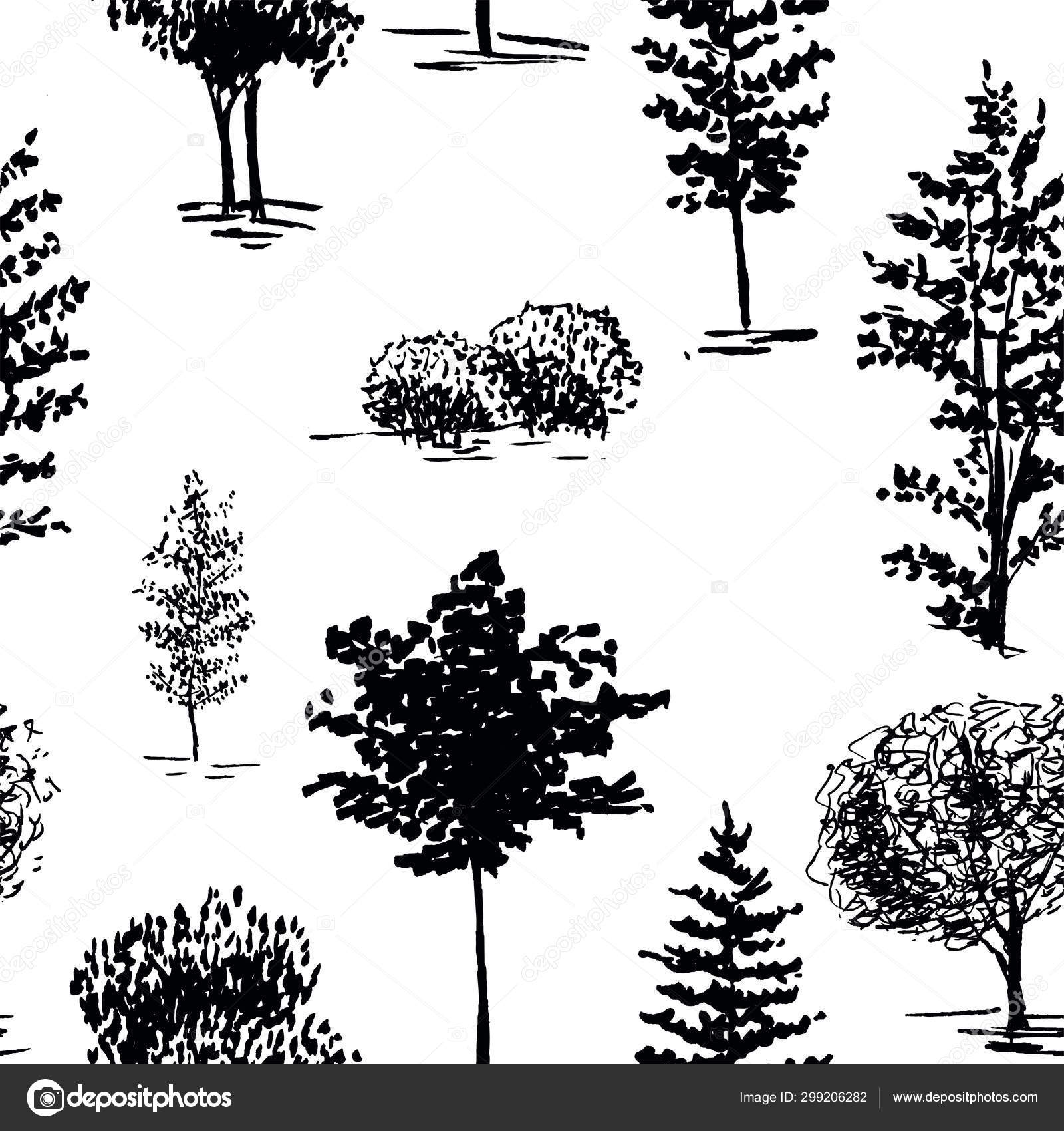 Trees Sketch Background Seamless Vector Pattern Hand Painted