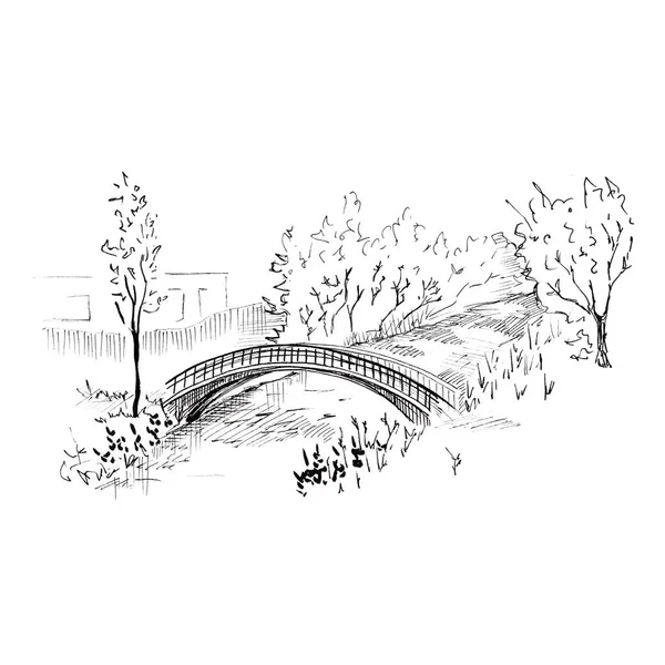 Landscape with a bridge. Hand-drawn sketch style illustration. Isolated on white background.