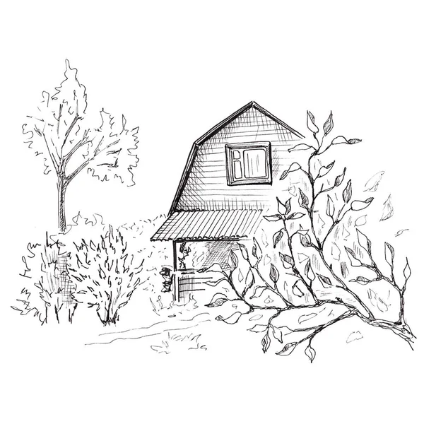 Rural landscape sketch. Hand drawn landscape with village house and trees. Sketch style illustration. Isolated on white