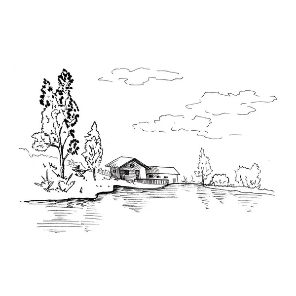 Landscape sketch. Hand drawn landscape with village house, lake and trees. Sketch style illustration. Isolated on white