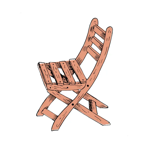 Hand drawn garden chair. Sketch style colored illustration of wooden street garden chair. Single, isolated on white background.