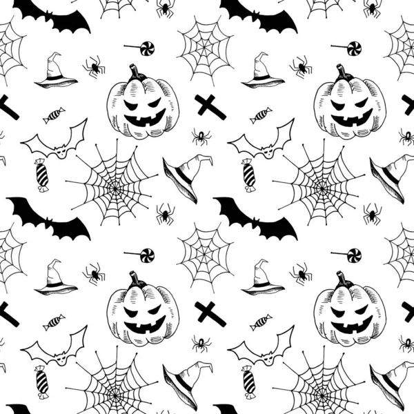 Halloween pattern. Black hand drawn objects on a white background. Seamless vector backdrop — Stock Illustration Halloween pattern. Black hand drawn objects on a white background. Seamless vector backdrop Royalty Free Stock Vectors