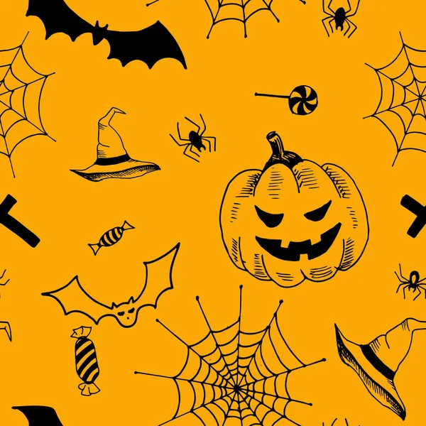 Halloween pattern. Black hand drawn objects on orange background. Seamless vector backdrop — Stock Illustration Halloween pattern. Black hand drawn objects on orange background. Seamless vector backdrop Royalty Free Stock Illustrations