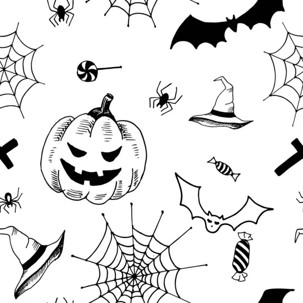 Halloween pattern. Black hand drawn objects on a white background. Seamless vector backdrop — Stock Illustration Halloween pattern. Black hand drawn objects on a white background. Seamless vector backdrop Vector Graphics