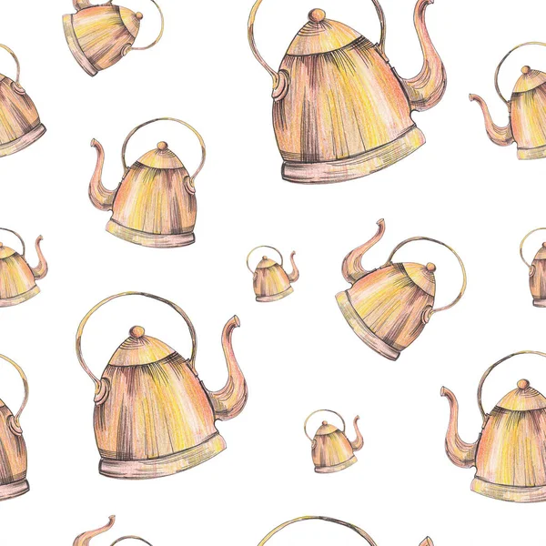 Teapot pattern. Hand drawn copper teapots on white background. Seamless backdrop.
