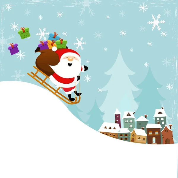 Cute Santa Delivering Gifts Sledge — Stock Vector