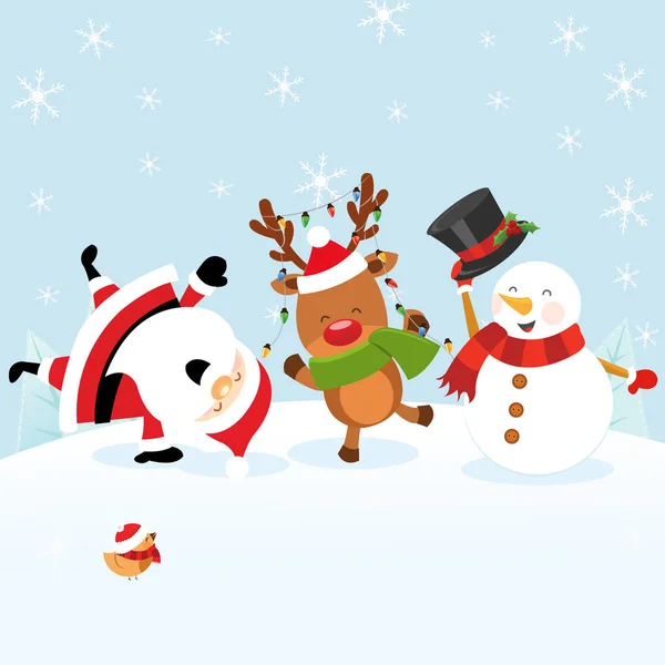 Santa Reindeer Snowman Celebrating Christmas — Stock Vector
