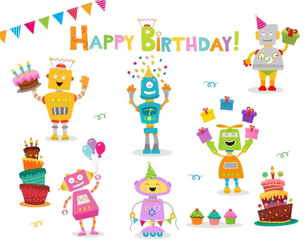 かわいい誕生日ロボットセットのコレクション — ストックベクタ