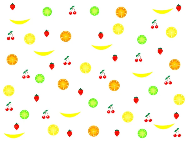 Vakker Hvit Bakgrunn Med Forskjellige Bananer Kirsebær Jordbær Sitrusfrukter – stockvektor