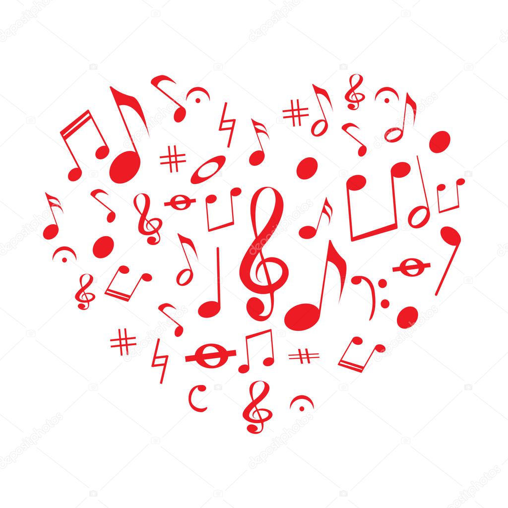 Design of the heart with red music notes