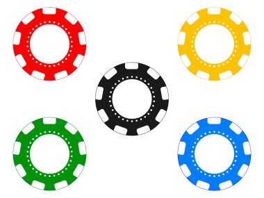 Beyaz arka plan üzerinde izole kırmızı, mavi, sarı, siyah ve mavi poker fişleri
