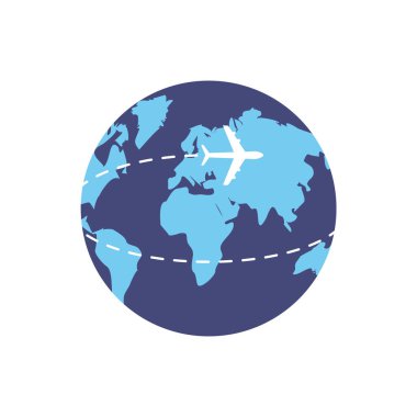 Uçak dünyanın etrafında uçuyor. Beyaz üzerinde izole edilmiş düz vektör illüstrasyonu ile dünyayı dolaşın.