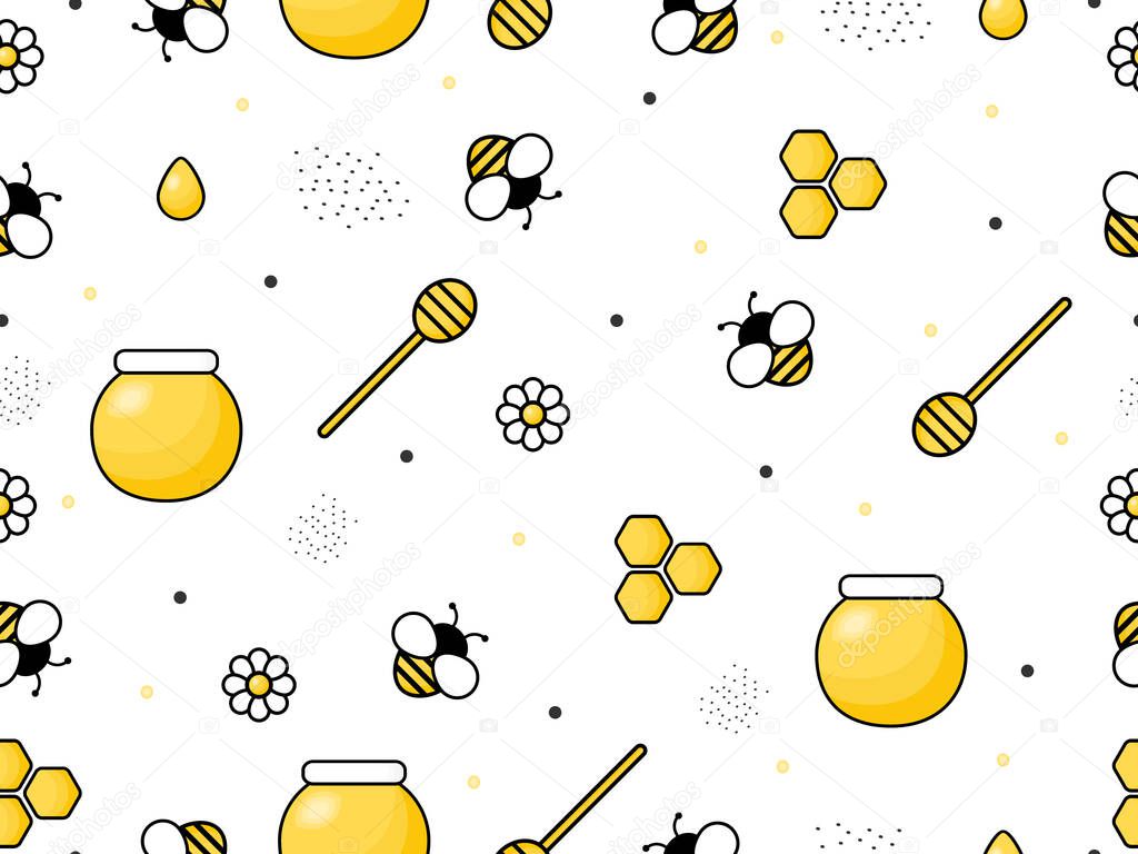 Seamless pattern with flying bees.Vector cartoon black and yellow bees isolated on white background. Cartoon doodle cute bees elements and honey comb symbols.