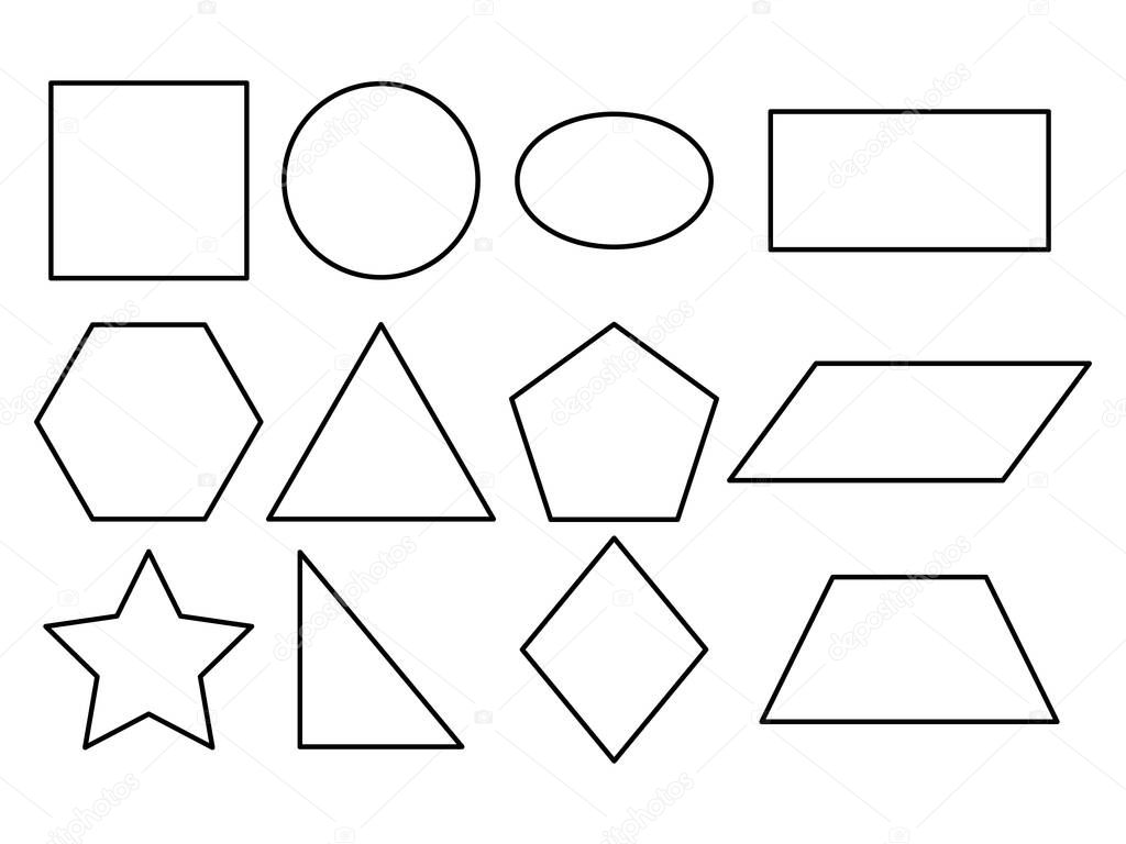 Geometric line shapes set vector icon isolated on white. Black contour figures collection.
