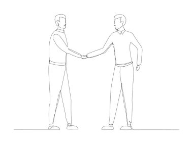 Beyaz arka planda sürekli el sıkışma hattı işadamları vektör illüstrasyonu izole edildi. İş anlaşması kavramı.