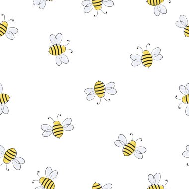Uçan arılı kusursuz desen. Vektör karikatür siyah ve sarı arılar beyaz arka planda izole edildi. Çizgi filmlerde şirin arılar dikişsiz çizgi deseni çizerler