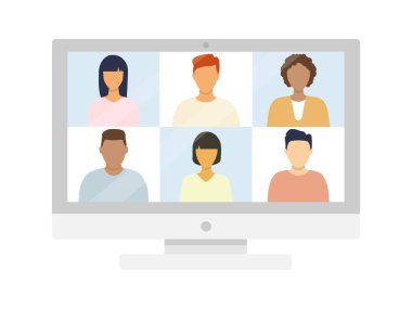 Video konferansına katılan bir grup insanla bilgisayar. Çok kültürlü arkadaşlarla çevrimiçi görüşme. Vektör illüstrasyonu beyazda izole edildi.