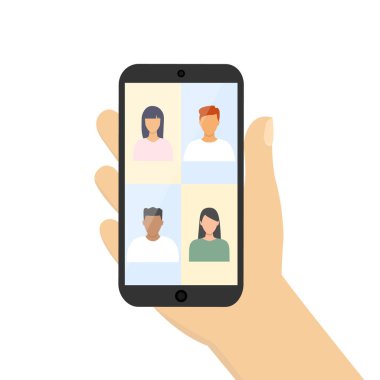Video konferansına katılan bir grup insanla telefon görüşmesi. Çok kültürlü arkadaşlarla çevrimiçi görüşme. Vektör illüstrasyonu beyazda izole edildi.