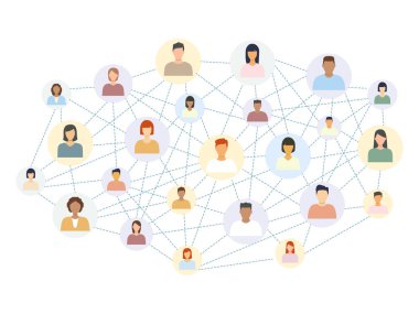 Çok kültürlü insanları birbirine bağlayan sosyal ağ şeması. Soyut sosyal ağ dünyası insanları birbirine bağlar beyaz üzerinde izole edilmiş ilişki vektörü çizimi.