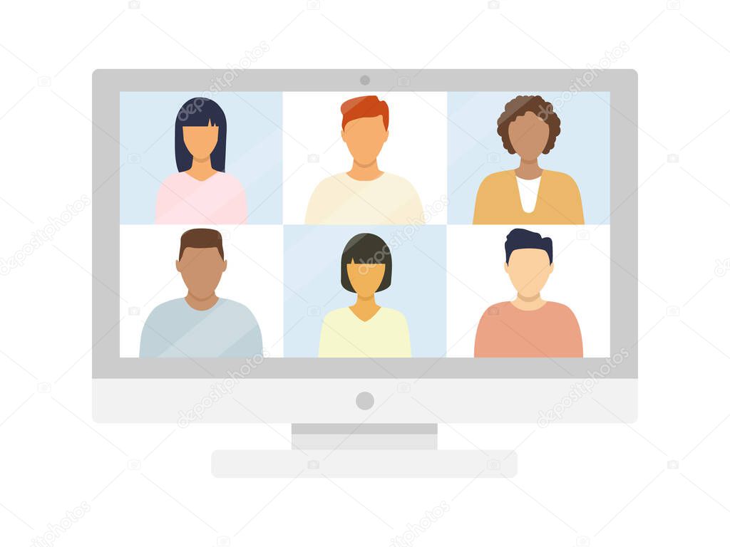 Computer with group of people taking in video conference. Online meeting with multicultural friends. Vector illustration isolated on white.