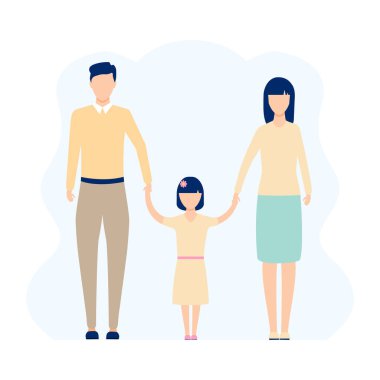 Aile, beyaz arka planda izole edilmiş vektör stok illüstrasyonuyla birlikte duruyor. Anne, baba ve kız.