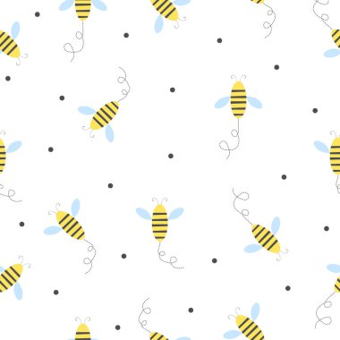 Uçan arıların arkaplanı kusursuz. Beyaz üzerine izole edilmiş şirin arı vektör illüstrasyonu 