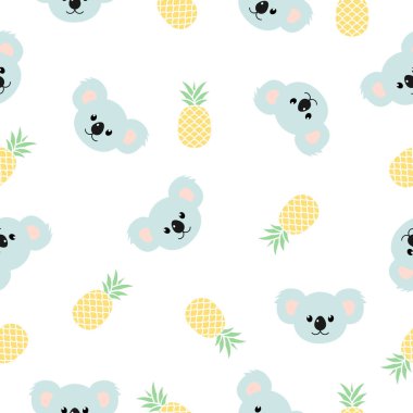 Koala desenli kusursuz vektör arkaplanı. Beyaz üzerinde ananas çizimi olan şirin koala izi..