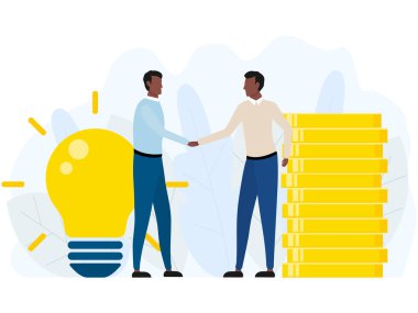 İki Afrikalı iş adamının tokalaşması. Anlaşma Amerikan ortaklığı konsepti. İşadamı fikir için para ödüyor. Vektör illüstrasyonu beyazda izole edildi.