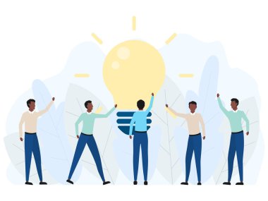 İş ekibi fikri. Soyut beyin fırtınası sonucu vektör illüstrasyonu beyazda izole edildi. Bir grup Afrikalı yönetici yeni bir fikir yaratıyor..