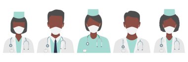 Doktor karakterleri beyaz tıbbi maske takıyor. Siyahi tenli Amerikalı, Afrikalı ve Avrupalı doktorlar. Bir grup çok kültürlü tıbbi ekip çalışanı. Coronavirus vektör çizimi izole edildi