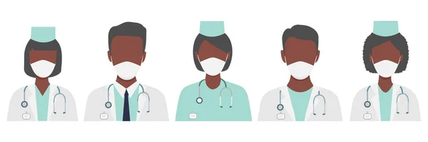 医生的角色戴着白色的医疗面罩 一组皮肤为黑色的美国 非洲和欧洲医生 多文化医疗小组的工作人员 孤立的Coronavirus矢量图解 — 图库矢量图片