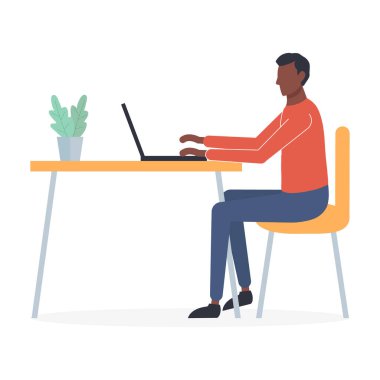 Genç Afrikalı bir adam karantinada dizüstü bilgisayarla çalışıyor. Evde çalışmak, ortak çalışma alanı. Çocuk sandalyede oturuyor ve internetten para kazanıyor. Vektör düz resimleme izole edildi.