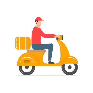 Scooter kullanan yakışıklı bir teslimatçı. Fast food dağıtım vektör çizimi beyaza izole edildi. Kırmızı üniformalı kurye paketi motosikletle teslim ediyor. Çizgi film yemek servisi..