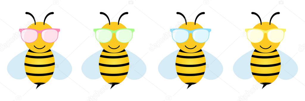 Cartoon bees set in colorful glasses. Cut bee wearing sunglasses collection. Vector illustration isolated on white.