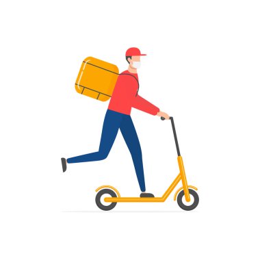 Scooter 'daki kurye, beyaz kutuya izole edilmiş paket kutusu vektörü. Corona virüsü salgınını önlemek için solunum maskesi takan kurye. Hızlı ve ücretsiz teslimat. Ekolojik hızlı teslimat kavramı. Bağlantı yok