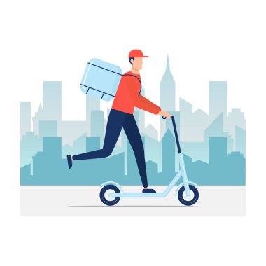 Scooter 'da kurye ve şehir vektöründeki kutuları beyaza izole edilmiş. Hızlı ve bedava kasaba teslimatı. Ekolojik hızlı taşıma kavramı.
