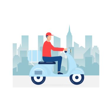 Şehirde mobilete binen yakışıklı bir teslimatçı. Fast food kasabası teslimat vektör çizimi beyaza izole edildi. Kırmızı üniformalı kurye paketi motosikletle teslim ediyor. Çizgi film gıda ekolojik servisi.
