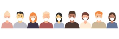 Bir grup çok ırklı kadın ve erkek tıbbi maske takıyor. Hastalık, grip, hava kirliliği, dünya kirliliği, salgın konsepti. Beyaz üzerinde izole edilmiş düz bir şekilde vektör illüstrasyonu
