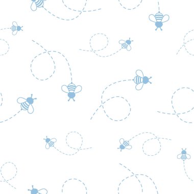 Uçan arılı kusursuz desen. Beyaz arka planda izole edilmiş vektör mavi arılar. Çizgi film karalaması şirin arılar noktalı çizgiler desenli