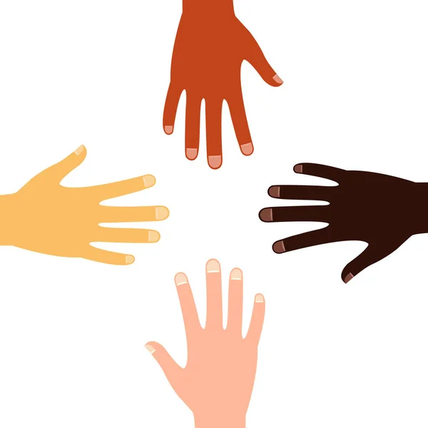 Mãos Erguidas Trabalho Equipa Terminado Mãos Multiculturais Coloridas Amizade Empresa —  Vetores de Stock