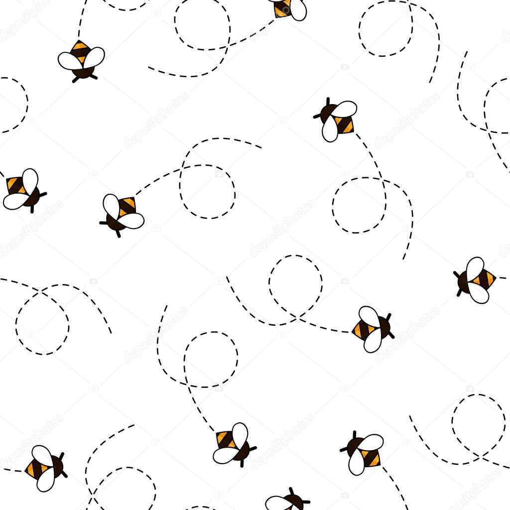 Seamless Pattern with flying bees. Vector Cartoon black and yellow bees isolated on white background. Cartoon doodle cute bees seamless with dotted lines pattern