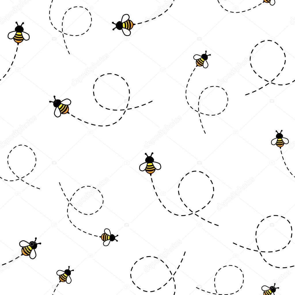 Seamless Pattern with flying bees. Vector Cartoon black and yellow bees isolated on white background. Cartoon doodle cute bees seamless with dotted lines pattern