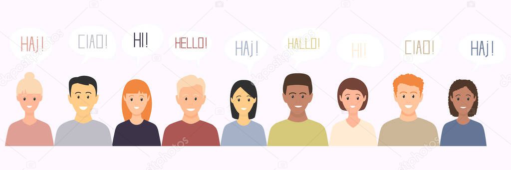 Multiethnic European young men and women characters saying hello in different languages. Set of multicultural people with speech bubbles talking, discuss and make decisions.