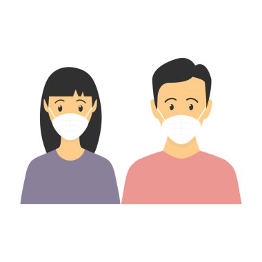 Asyalı erkek ve kadın birlikte duruyor. Yüz maskesi takan insanlar, kirli hava, dünya kirliliği. Modern düz aile vektör çizimi. Coronavirus kavramı beyaz arkaplanda izole edildi