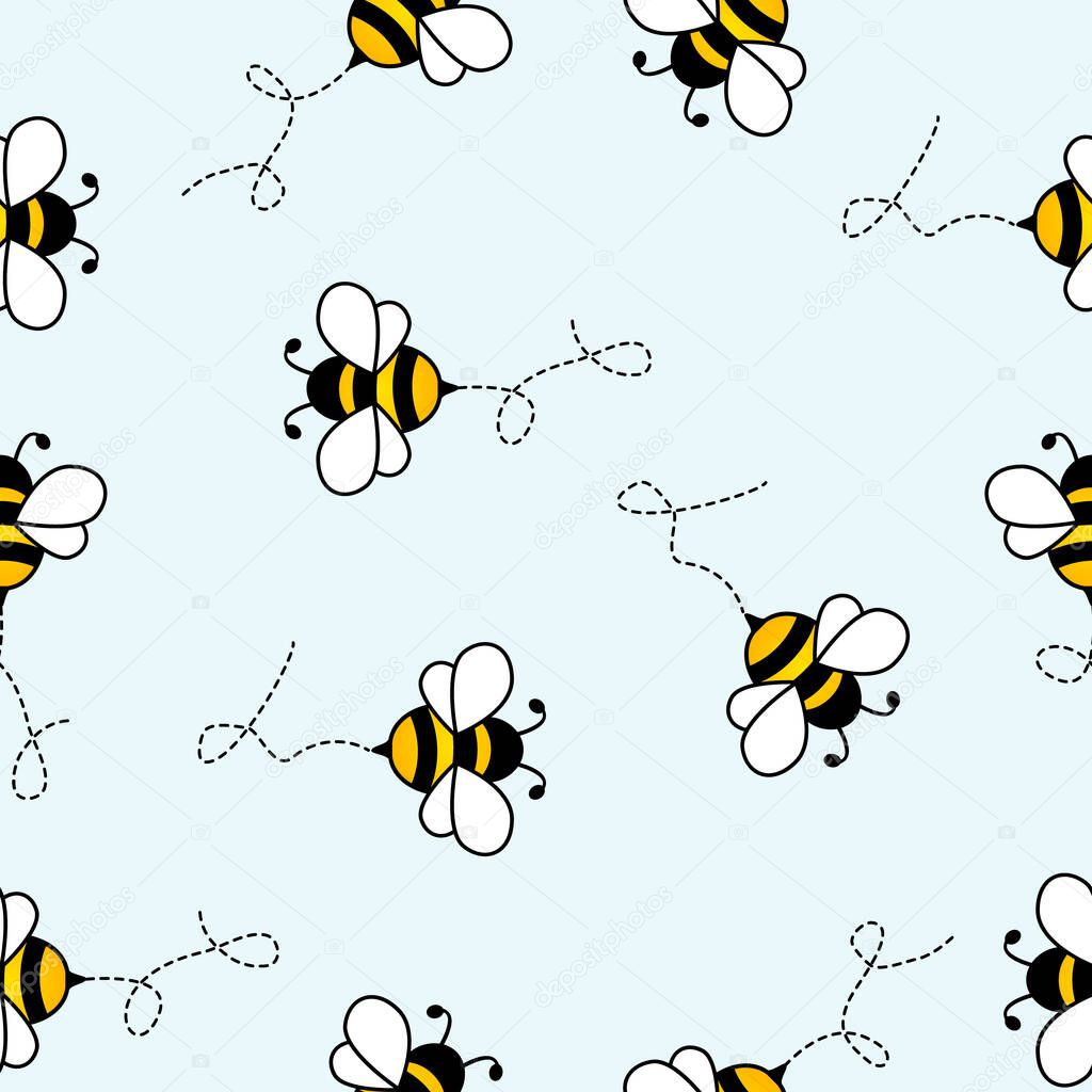 Seamless Pattern with flying bees with dotted lines. Vector Cartoon black and yellow bees isolated on white background. Cartoon doodle cute bees seamless blue pattern