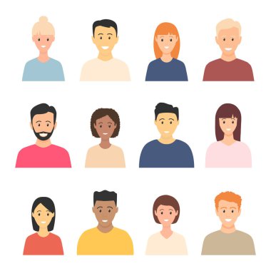 Genç, mutlu, çok kültürlü insan avatar seti. Gülümseyen insanlar vektör illüstrasyon koleksiyonunu yönetiyor. Çeşitli iş adamları ve kadın avatar ikonu. Düz dizayn insan karakterleri. Erkek ve kadın yüz grupları