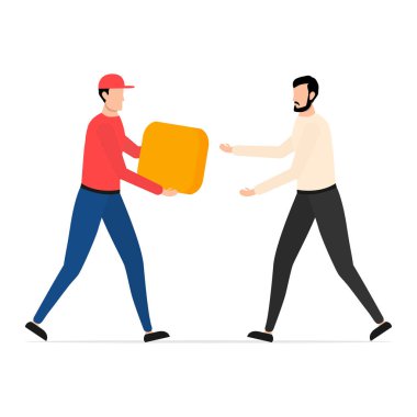 Genç adam sarı paket sipariş alıyor. Kurye kutusunu beyaza izole edilmiş insan vektörüne teslim ediyor. Hızlı ve ücretsiz teslimat. Ekolojik hızlı teslimat.