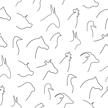 Kusursuz desenli hayvanlar vektör hattı. Beyaz arka planda izole edilmiş çiftlik hayvanları baş sembolleri.