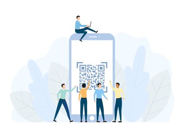 QR kod tarama konsepti. Küçük insanlar ödemeler için akıllı telefon kullanır ve qr kodunu tarar.
