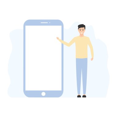 Genç adam büyük telefonun yanında duruyor. Boşluğu boş akıllı telefon ekranına kopyala. İş adamı vektör illüstrasyonunun sunumu. Cep telefonuyla konuşan mutlu bir adam..
